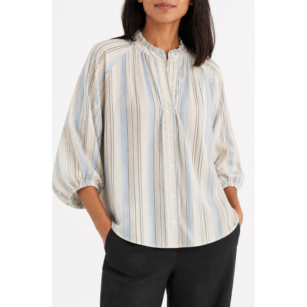 NWT Noa Noa Striped Ruffle Mock Collar Blouse  Size 46 XL XXL Boho Scandi Preppy